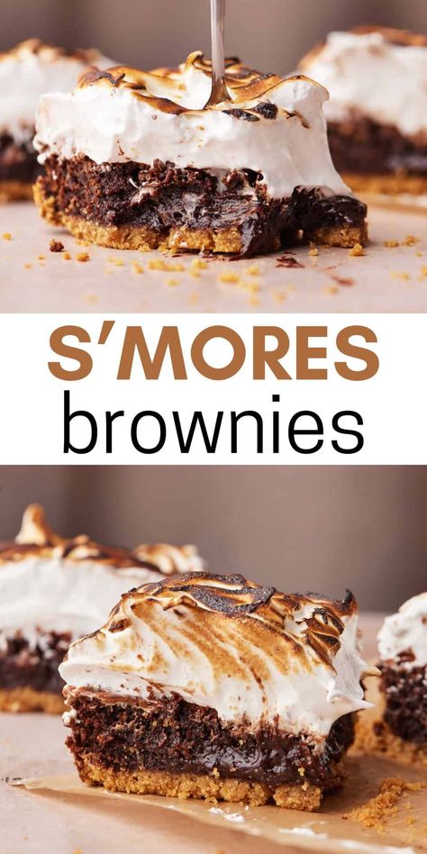 These s'mores brownies are a real summer treat! The gooiest chocolate fudgy brownies with a graham cracker crumb base and homemade toasted marshmallow frosting. Torch with a kitchen torch for a fun dinner activity. These taste like real s'mores, but even better! The chocolate brownies are so fudgy and gooey they are like the melty middle of s'mores. This easy to make recipe has relatively few ingredients and comes together in a simple step-by-step recipe. Delicious campfire treats! Smores Brownies, Kitchen Torch, Fudgy Brownie Recipe, Best Brownie Recipe, Gooey Brownies, Marshmallow Frosting, Fun Dinner, Digestive Biscuits, Toasted Marshmallow