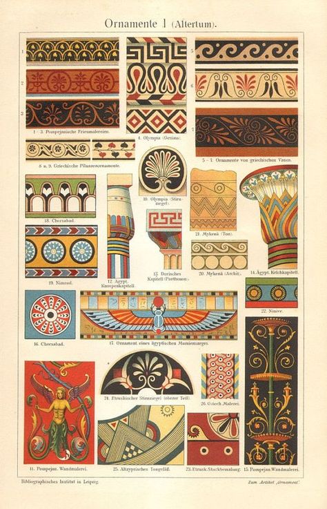 1909 Ancient Ornaments Egyptian, Troian, Roman, Mycenaean Original Antique Chromolithograph to Frame: Ancient Ornaments, Egypt Architecture, Egyptian Decorations, Egyptian Ornamented, Egyptian Drawings, Ancient Egyptian Architecture, Egyptian Painting, Egiptul Antic, Egyptian Design