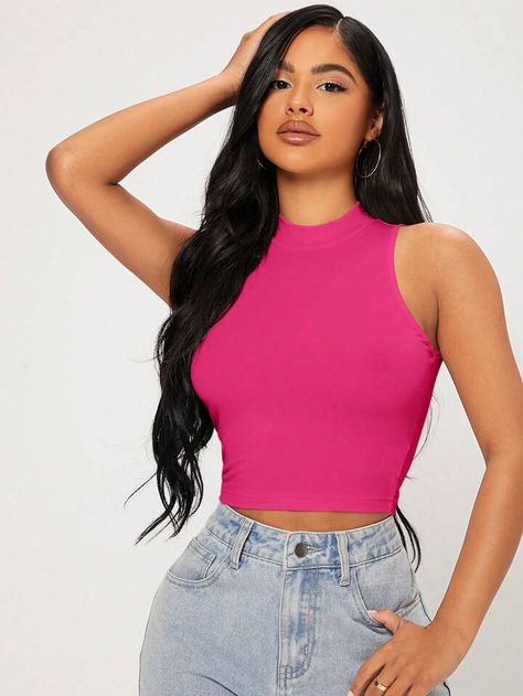 Outfits With Hot Pink Tops, Bright Pink Top Outfit, Hot Pink Tank Top Outfit, Crop Top Fucsia, Pink Tank Top Outfit, Pink Crop Top Outfit, Brown Y2k Outfit, Pink Tank Tops Outfit, Plus Size Y2k Outfits