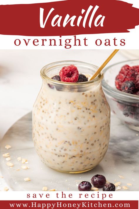 Creamy and delicious, these vanilla overnight oats with yogurt are an easy and healthy breakfast meal prep. Made with simple ingredients like chia seeds and vanilla almond milk. Make vanilla oats the night before for a stress-free start to your morning.