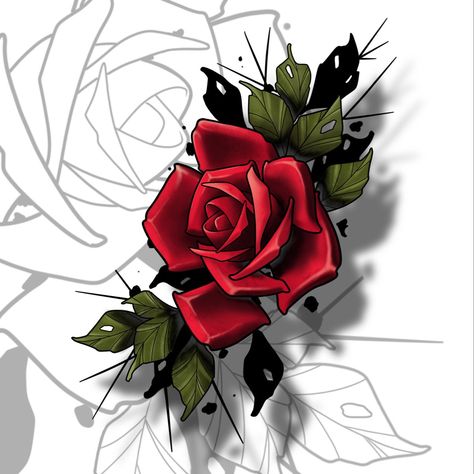 Neo Traditional Rose Tattoo Design, Neotraditional Rose Tattoo, Neo Trad Rose, Red Rose Tattoo Design, Rose Cover Up Tattoo, Neo Traditional Roses, Ink Tattoo Design, Red Tattoo Ideas, Lion Art Tattoo