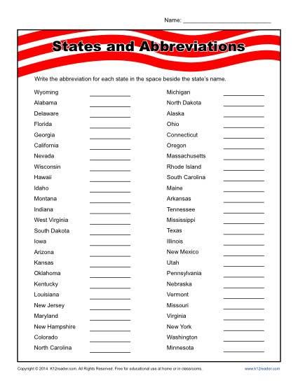 States and Abbreviation Printable Worksheet for Students Abbreviations Worksheet, State Capitals Quiz, State Abbreviations, States And Capitals, Matching Worksheets, Spelling Worksheets, Have Fun Teaching, Spelling Activities, State Capitals