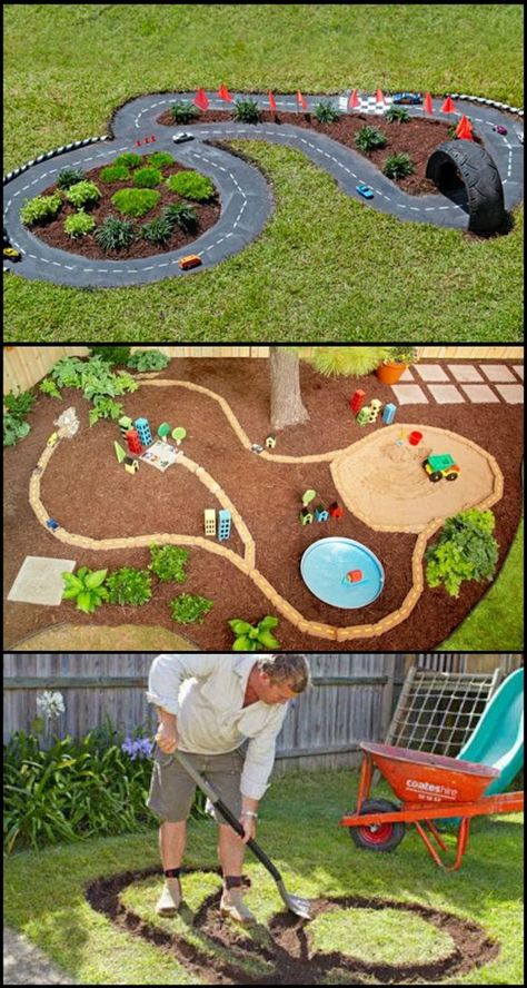 DIY Backyard Projects Perfect For Summer -- DIYbunker Kid Friendly Backyard, Racing Track, Diy Playground, Backyard Play, Backyard Playground, Backyard Diy Projects, Backyard For Kids, Outdoor Playground, Kids Play Area