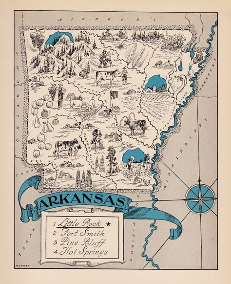 30's Whimsical ARKANSAS Map of Arkansas State by OnTheWallPrints Map Gallery Wall, Map Of Arkansas, Arkansas Map, Cartoon Map, Travel Gallery Wall, Print Gallery Wall, Pictorial Maps, Wall Art Decor Prints, Alphabet Wall Art