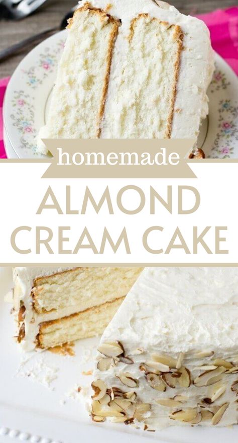 Almond Cream Cake Recipe, Almond Cream Cake, Almond Torte, Cooked Frosting, Cream Cake Recipe, Recipes From Scratch, White Cake Recipe, Whipped Frosting, Cake White