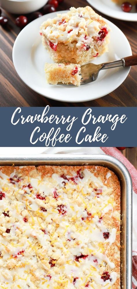 Piece of Cranberry Orange Coffee Cake on a small white plate and a pan of cranberry orange coffee cake Cranberry Orange Coffee Cake, Crumble Topping Recipe, Orange Coffee Cake, Cranberry Coffee Cake, Cranberry Orange Cake, Brunch Dessert, Cranberry Cake, Orange Cranberry, Cupcakes Recipes