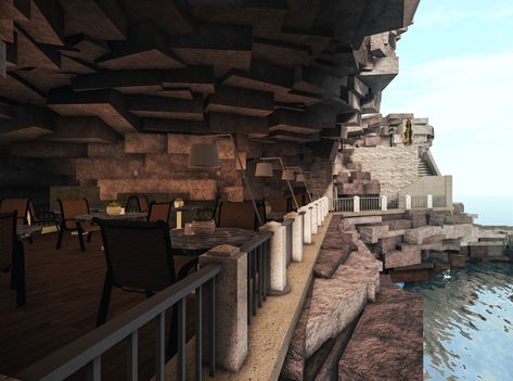 Bloxburg Cliffside House, Bloxburg Hotel Interior, Bloxburg Lobby Ideas, Faulty Bloxburg, Italian Cliffside, Build Ideas Bloxburg, Bloxburg Hotel Exterior, Mountain House Bloxburg, Bloxburg Mountain House