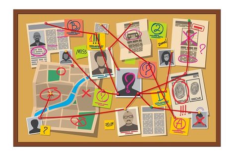 Crime board with pins, detective by Vector Tradition on @creativemarket Spy Birthday Parties, Detective Party, Detective Game, Powerpoint Tutorial, Spy Party, Memoir Writing, Mystery Party, Red Thread, Map Vector