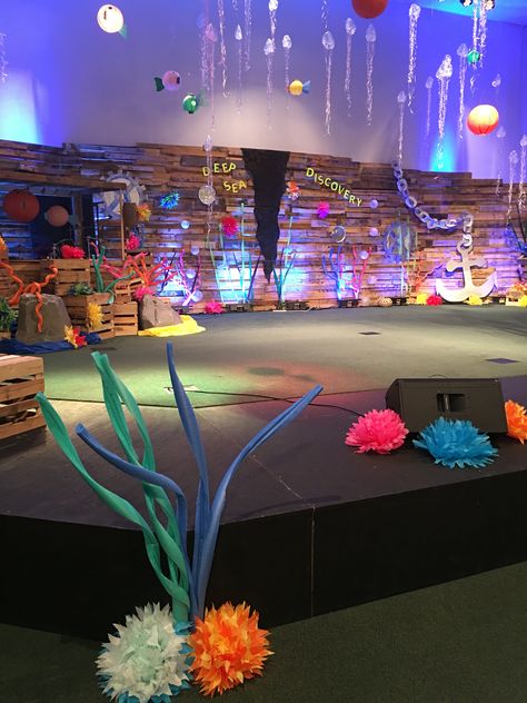 Vbs Coral Reef, Under Water Vbs Decorating Ideas, Sea Of Miracles Vbs, Vbs Water Theme, Under The Sea Stage Decorations, Under The Sea Bible School, Deep Sea Vbs Decorations, Vbs 2024 Scuba, Under The Sea Vbs Decorations