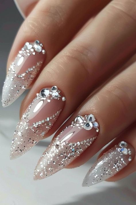 New Year 2024 Nail Design, Nail Art New Years Ideas, Bold Wedding Dress, New Year New Nails, Fancy Wedding Nails, Unique Bridal Nails, Elegant Prom Nails, Wedding Nails Acrylic, Bridal Nails Wedding Elegant