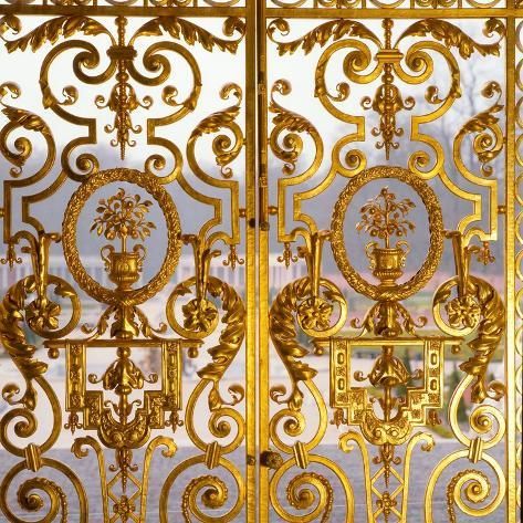 size: 16x16in Giclee Print: Ornate Gilded Ironwork Gates at the Garden Entrance to Het Loo Palace, 1986 (Photo) by Nathan Benn : Gilded Age Aesthetic, Evermore Era, Gold Gate, Senior Stuff, Gold Door, Garden Entrance, Aerial Photograph, Yellow Tulips, Gilded Age