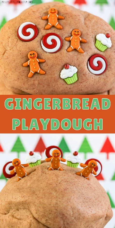 Gingerbread Playdoh Recipe, Playdough Recipe Christmas, Homemade Gingerbread Playdough, Holiday Playdough Recipe, Gingerbread Playdoh No Cook, Gingerbread Play Doh Recipe, Ginger Bread Play Dough, Gingerbread Play Dough Recipe, Easy Gingerbread Playdough Recipe