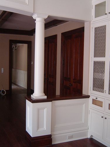 Half Wall, Column Supporting Arch/Transom Provides Separation Between Kitchen and Family Room Entry Divider, Half Wall With Columns, Half Wall Room Divider, Half Wall Ideas, Entrance Idea, Traditional Entry, Small Basement Remodeling, Kitchen Pass, Basement Colors