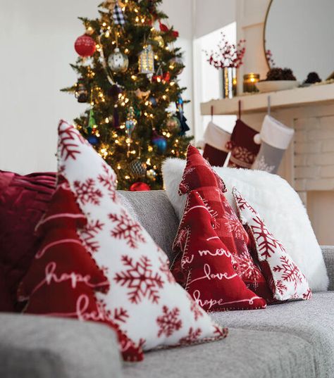 Flocked Christmas Trees Decorated, Christmas Tree Decorating Themes, Fabric Christmas Trees, Christmas Tree Pillow, Flocked Christmas Trees, Tree Pillow, Christmas Cushions, Christmas Pillows, Festive Decor