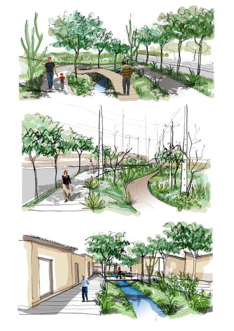 Landscape Architecture Perspective Rendering, Landscape Elevation Drawing, Landscape Plan Architecture, Perspective Drawing Landscape, Landscape Perspective Drawing, Landscape Architecture Plan Drawing, Landscape Architecture Sketch, Landscape Architecture Rendering, Park Landscape Design