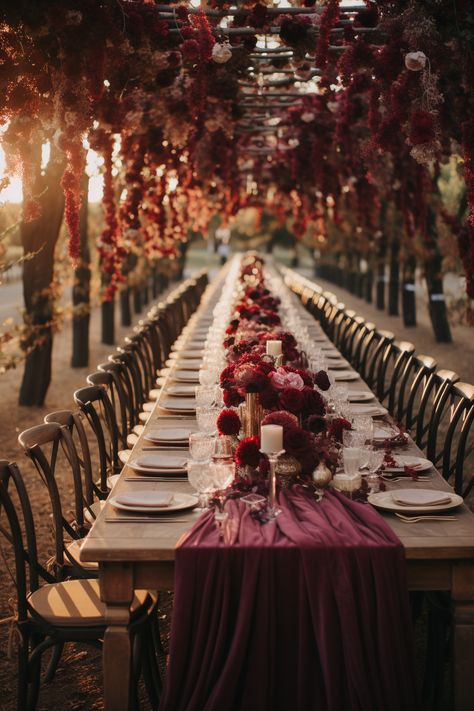 Vineyard Wedding Elegance: Rich Wine & Burgundy Inspiration Discover the allure of vineyard weddings with our rich wine and maroon inspiration. From overhead pergola decor to estate tables, find your perfect autumn wedding ideas here! Burgundy Elegant Wedding, Burgundy Color Wedding Theme, Maroon Wedding Reception Decor, Red Wine Theme Wedding, Maroon Wedding Ideas Decor, Wine Colors Wedding, Wine Colour Wedding Theme, Maroon Burgundy Wedding, Maroon Decor Wedding