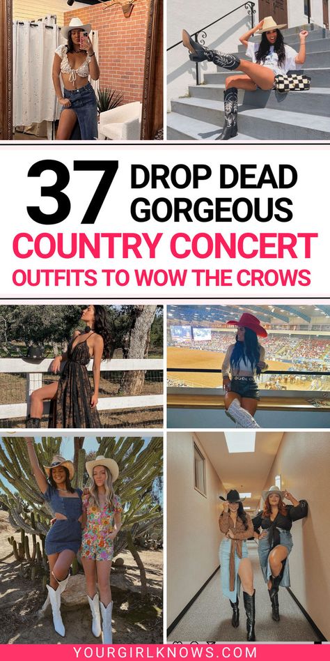 Ready to turn heads at your next country concert? Check out these 37 irresistible country concert outfit ideas that are perfect for any season! Whether you're looking for a casual country concert outfit to rock out in comfort, or something a bit more flirty for those summer nights under the stars, we've got you covered! Country Concert Tee Outfit, Country Festival Outfits Women, Concert Outfits With Cowgirl Boots, Country Rock Concert Outfit Fall, Country Concert Outfit Inspo Fall, Outfit For Country Concert Fall, Outfit To Country Concert, Outfit Idea For Country Concert, Women's Country Concert Outfit