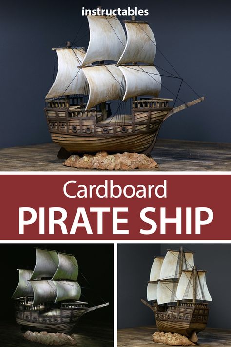 How To Make A Pirate Ship, Ship Cardboard, Pirate Ships Diy, Ship Model Diy, Cardboard Ship, Pirate Ship Craft, Ship Diy, Cardboard Pirate Ship, Homemade Pirate Costumes