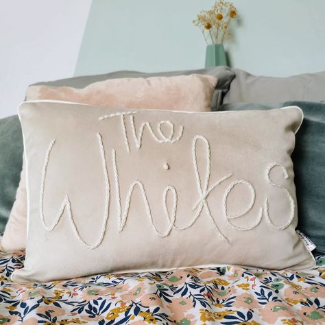 "Not only a memento of a fabulous day but also a gift that can be treasured and on show every day. In classic off white, neutral tones it has that classic wedding look but will go with any decor colour and style for years to come. The cushion is handmade with the soft velvet fabric being embroidered by hand before being sewn together. That hand embroidery not only adds gorgeous texture through a variety of stitches, but also makes this feel like a really personal gift. Includes a plump 12x18\" hollowfibre cushion pad. for best care wipe down with a damp cloth." Hand Embroidered Pillow, Embroidered Christmas Pillows, Embroidered Pillows Diy, Wedding Embroidery Ideas, Hand Embroidery Wedding Gift, Home Decor Couples, Embroidery On Blankets Ideas, Hand Embroidery Pillow Cover, Embroidered Home Decor