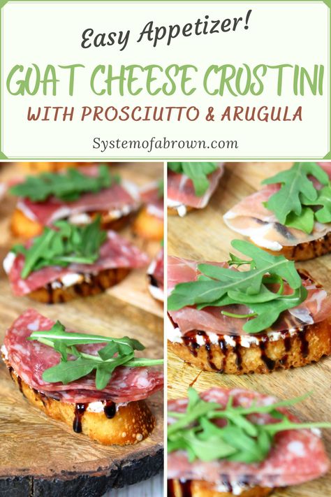 Sliced baguette toasted with garlic butter, topped with soft goat cheese, prosciutto (or you favorite meat), arugula, and drizzled with balsamic vinegar. This Goat Cheese Crostini with Prosciutto and Arugula is the perfect finger snack for your next party or get together! And bonus, it’s fast so you can make it at the last minute! Whipped Goat Cheese Crostini, Prosciutto Baguette, Arugula Appetizer, Baguette Ideas, Baguette Appetizers, Prociutto Appetizers, Baguette Appetizer, Goat Cheese Prosciutto, Goat Cheese Recipes Appetizers