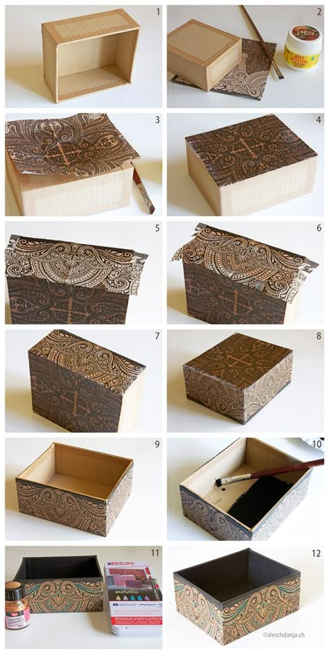 How to decorate a cardboard box with napkin technique, www.deschdanja.ch: Koti Diy, Cardboard Box Crafts, Diy Storage Boxes, Decoupage Box, Altered Boxes, Cardboard Furniture, Diy Cardboard, Blonde Brunette, Cardboard Crafts