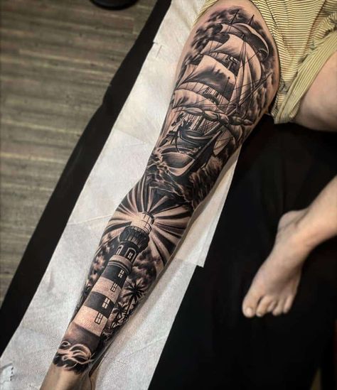 ink-palace-leg-sleeve-tattoo-inkpalacebali Leg Sleeve Tattoo Ideas, Thigh Sleeve Tattoo, Ship Tattoo Sleeves, Calf Sleeve Tattoo, Nautical Tattoo Sleeve, Tattoo Homme, Best Leg Tattoos, Lower Leg Tattoos, Full Leg Tattoos