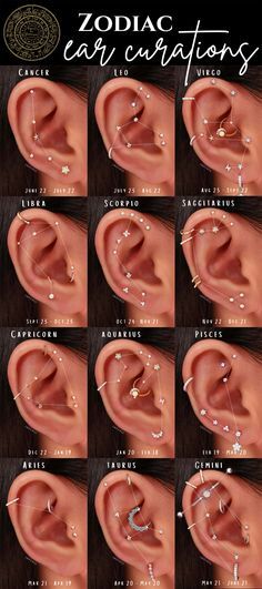 Pisces Constellation Ear Piercings, Ear Piercing Zodiac Signs, Gemini Piercing Ear, Taurus Constellation Ear Piercing, Aquarius Ear Piercings, Leo Piercings Ear, Libra Piercing Ear, Leo Constellation Ear Piercing, Capricorn Ear Piercing