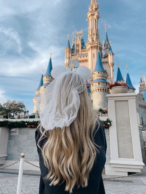 These disney bridal ears were the perfect touch for celebrating around disney property. 🤍 Disney Wedding Ears, Engagement Party Disney, Bride And Groom Disney Ears, Disneyland Honeymoon Outfits, Bride Mickey Ears, Bride Disney Ears, Disney Bride Ears, Disney Hen Do, Bachelorette Disneyland