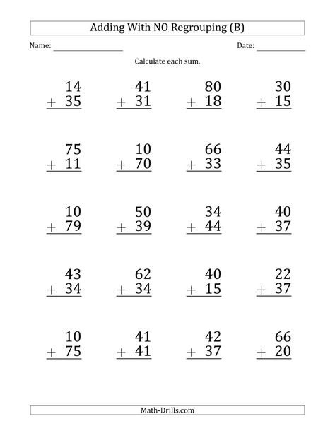 The Large Print 2-Digit Plus 2-Digit Addition with NO Regrouping (B) math worksheet from the Addition Worksheets page at Math-Drills.com. Addition Coloring Worksheet, Adding Worksheets, Kumon Math, Kids Preschool Learning, Double Digit Addition, Math Card Games, Addition Practice, Maths Paper, English Worksheets For Kindergarten