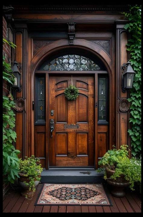 Antique Wood Front Door, Statement Front Door, Wooden Door Entrance, Exterior Door Designs, Unique Front Doors, Front Door Lighting, Indoor Ideas, Beautiful Front Doors, Casa Vintage