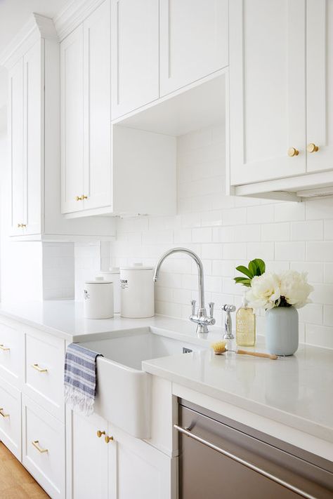 DWI Kitchen Project — Donnie Wales Interiors Farmhouse Hardware Kitchen, Kitchen With Brass Hardware, Chic Mudroom, Shaker Cabinets Kitchen, Farmhouse Hardware, Brass Kitchen Hardware, Small White Kitchens, White Shaker Kitchen Cabinets, White Farmhouse Sink