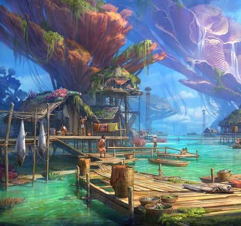 City Under The Sea, Minecraft Underwater, Fantasy Village, The Residents, Fantasy Homes, Fantasy City, Steampunk Art, Fantasy Concept Art, Fishing Villages