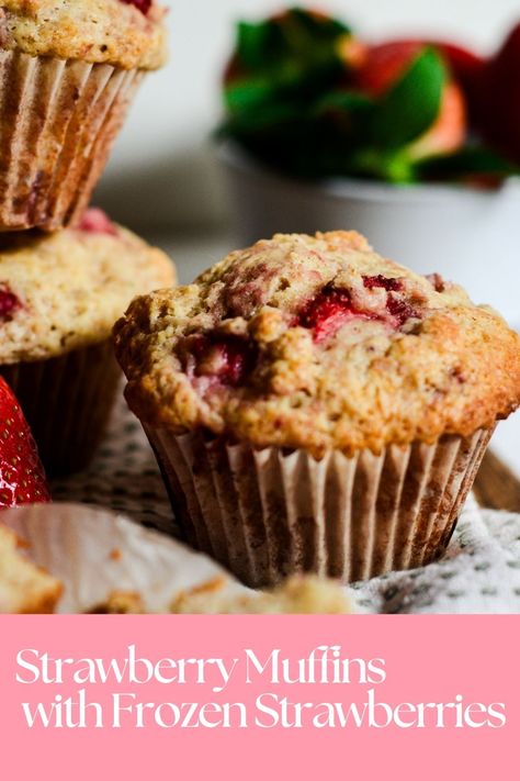 Easy and quick to make these muffins feature frozen strawberries - then you can make these at any time of year!! Yum! Strawberry Muffins Using Frozen Strawberries, Frozen Strawberries Recipes Easy, Frozen Strawberry Muffin Recipes, Strawberry Muffins Frozen Strawberries, Frozen Strawberry Muffins, What To Make With Frozen Strawberries, Recipes With Frozen Strawberries, Strawberry Muffins Easy, Strawberry Chocolate Chip Muffins