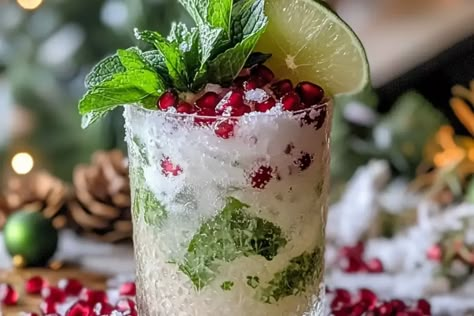 Coconut Christmas Mojito Grammy Recipes, Christmas Mojito, Pomegranate Mojito, Unsweetened Cranberry Juice, Festive Holiday Cocktails, Mojito Ingredients, Coconut Mojito, Mint Simple Syrup, Flavored Sparkling Water