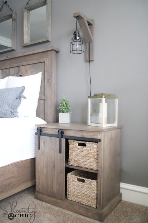 Free plans and how-to video to build this DIY Sliding Barn Door Nightstand and the $20 DIY Barn Door Hardware! Simple build at www.shanty-2-chic.com Barn Bathroom, Diy Barn Door Hardware, Diy Sliding Barn Door, Diy Barn, Diy Nightstand, Diy Barn Door, Free Plans, Interior Barn Doors, Farmhouse Style Decorating