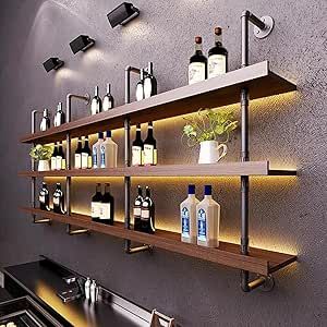 Dawselod 62.9in Large Wine Rack with LED Light Solid Wood Wall Mounted Wine Rack, 3-Tiers Liquor Bottles Floating Shelves Display Storage Organizer for Home Bar & Dining Room (Black, 160cm/62.9in) Wall Mounted Liquor Shelf, Liquor Shelves Bottle Display Bar Ideas, Bar Bottle Display Ideas, Bar Bottle Display, Bar Shelves Ideas, Floating Shelves Display, Wall Bar Shelf, Bar Shelving, Basement Wet Bar