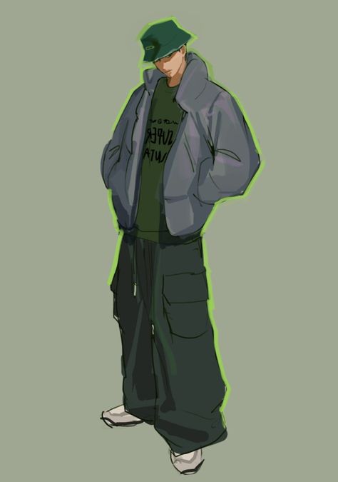 Streetwear Drawing Reference, Parka Drawing, Street Wear Drawing, Baggy Clothes Drawing, Streetwear Drawing, Magazine Design Cover, Streetwear Fashion Men, Digital Fashion Illustration, Male Pose Reference