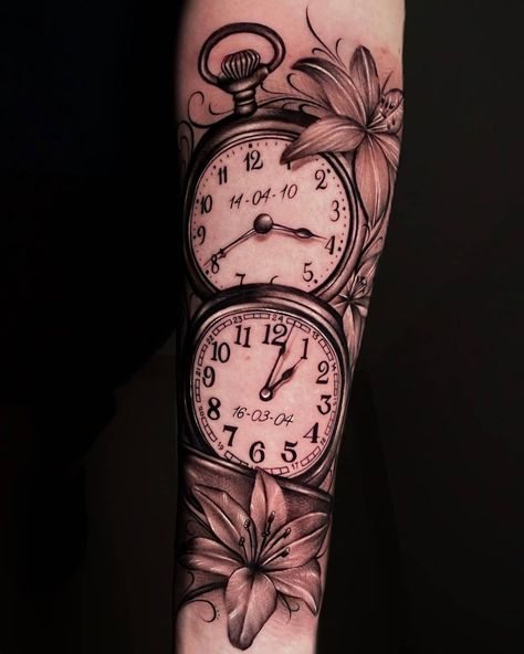 Dual Clock & Flower Sleeve Tattoo Clock Tattoo Cover Up, Mandalas, Pocket Watch And Flower Tattoo, Women Inside Arm Tattoo, Time After Time Tattoo, Clock Sleeve Tattoo For Women, Double Clock Tattoo Design, Unique Clock Tattoos, Feminine Clock Tattoo Design