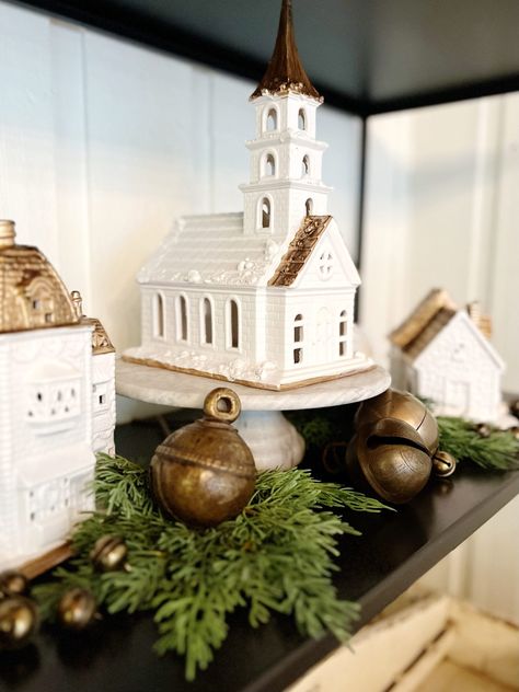 White And Gold Christmas Village, Christmas Village In Kitchen, Modern Christmas Village Houses, Christmas Village Painted White, White Village Christmas Houses Diy, Update Christmas Village, Diy White Christmas Village, Modern Christmas Village Display, Painted Christmas Village Houses