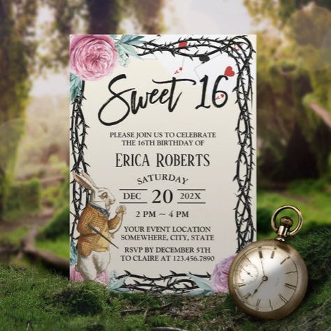 Sweet 16 Alice In Wonderland Floral Thorn Framed Invitation #zazzle #weddinginvitations #birthdayinvitations #babyshowerinvitations #zazzleinvitations #monogram #businesscards #graduation #homedecor Alice In Wonderland Floral, Cute Alice In Wonderland, Wonderland Sweet 16, Alice In Wonderland Invitations, Wonderland Rabbit, Alice In Wonderland Rabbit, Wonderland Birthday, Alice In Wonderland Birthday, Sweet 16 Invitations