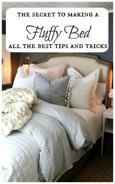 The secret to making a fluffy bed- All the best tips and tricks! Down Bedding Ideas, Comfy Bedding Fluffy, Best Fluffy Bedding, Master Bed Linens, Fluffy Master Bedding, How To Style A Master Bed, Kohls Bedding Master Bedrooms, Linen Bed Inspiration, Master Bedding Ideas Farmhouse