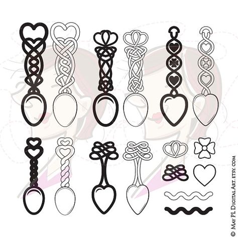 Welsh Love Spoon silhouette clip art and digi stamps, with design elements! Excellent for making ...  Personal wedding invitation or for friends #WelshLoveSpoons #LovespoonsDigistamps #WelshLovespoonClipart Love Spoon Tattoo, Spoon Tattoo, Welsh Tattoo, Welsh Love Spoons, Wood Spoon Carving, Love Spoons, Heart Clipart, Diy Wedding Invitations, Line Artwork