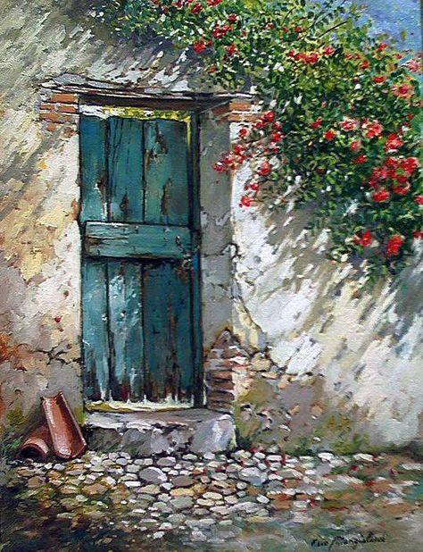 old door, acrylic painting, watercolor painting, pen and wash, stone, brick, idea, shadows, dappled light, blue door, red door, closed door Picture Craft, 수채화 그림, Old Door, Old Doors, Blue Door, Garden Doors, Paint By Numbers, Beautiful Doors, Door Wall