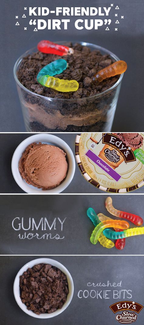 Getting your hands dirty this summer takes on a whole new meaning when you and your family whip up this recipe. Have your kids layer Edy’s Slow Churned Chocolate light ice cream and crushed cookie bits, then top with gummy worms! This dessert “Dirt Cup” is a great way to get creative with your sweet treats. Gummy Worms, Snacks Für Party, Creamy Chocolate, Favorite Candy, Homemade Desserts, Chocolate Ice Cream, Frozen Desserts, Frozen Treats, Dessert Recipe