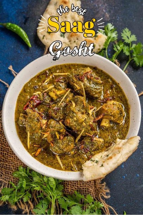 Saag Gosht is a North Indian winter delicacy where goat mutton (or lamb) is cooked in a gravy made using various winter greens. Serve it with makki ki roti or any other Indian bread for a hearty meal (gluten-free). Saag Gosht Recipe, Saag Gosht, Lamb Saag, Saag Recipe, Winter Greens, Mutton Recipes, Lamb Curry, Indian Bread, Hearty Meal