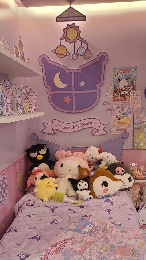 Sanrio Bedroom Ideas Kuromi, Kuromi Inspired Room, Sanrio Room Decor Aesthetic, Diy Sanrio Room Decor, Kuromi Room Decor Diy, Aesthetic Sanrio Room, Hello Kitty Themed Bedroom, Cute Sanrio Room Ideas, Sanrio Diy Decor