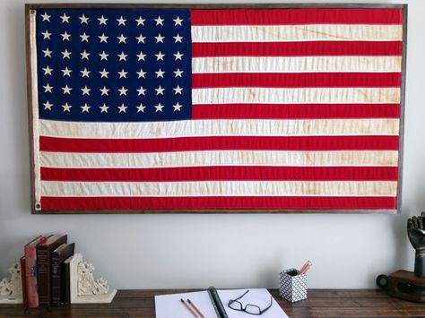 Restoration Hardware Framed Flag Hack - Let's Get Crafty! How To Hang A Flag On Wall, Hang Flag On Wall, Flags On Wall, Christmas Barbershop, Americana Style Home, Flag Frame Display, Hanging Flags On Wall Room Decor, Flags In Bedroom, Restoration Hardware Design