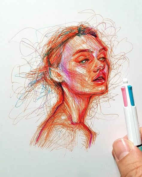 Scribble Drawings by A. Russo Color Pen Portrait, Pen Drawing Ideas, Pen Portraits, Pencil Colour Painting, Book Doodles, Multicolor Pen, Ballpen Drawing, Scribble Drawings, Ballpoint Pen Art