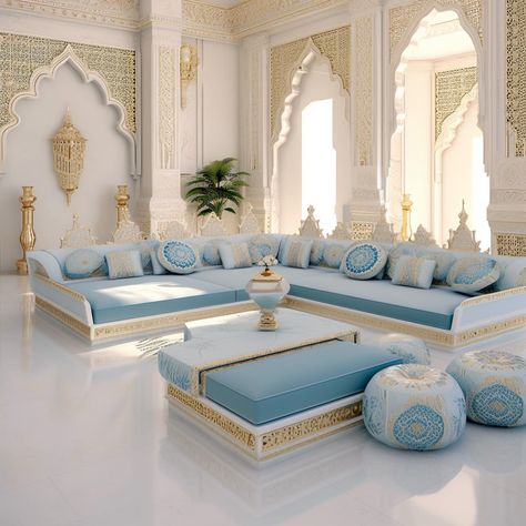 An embodiment of Arabian luxury, a luxury modern Arabic majlis seating interior design merges contemporary design elements with traditional motifs, resulting in an enchanting space of unmatched beauty. Modern Arabic Interior, Arabic Living Room, Arabic Interior Design, Luxury Sofa Design, Luxury House Interior Design, Luxury Homes Interior, Luxury Sofa, House Interior Decor, A Living Room