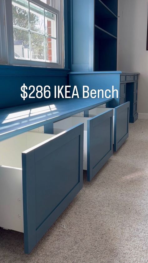 Ikea Built In Window Seat, Stuff Storage Ideas, Banquette Seating Hack, Built In On Carpet, Window Bench Seat With Storage Kitchen, Mudroom With Bench Under Window, Ikea Under Window Storage, Pax Window Seat, Nordli Kitchen Bench